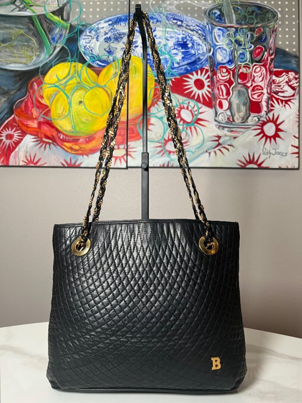 Bally Swiss Made Vintage Black Quilted Lambskin Leather Chain Tote Shoulder Bag